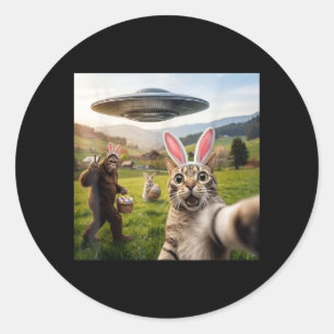 Funny Cat Selfie with Easter Bunny Bigfoot UFO for Classic Round Sticker