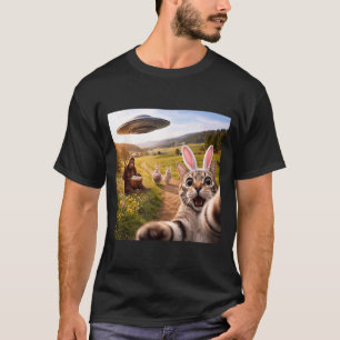Funny Cat Selfie with Easter Bunny Bigfoot UFO for T-Shirt