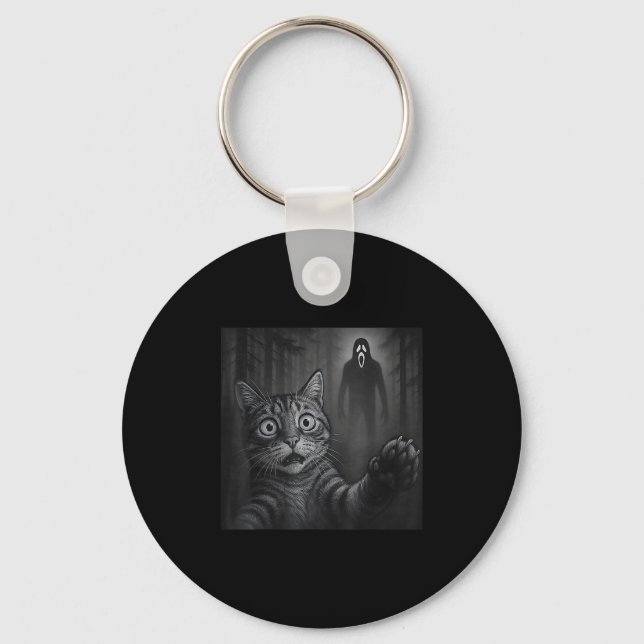Funny Cat Selfie With Ghost Halloween Scared Creep Keychain (Front)