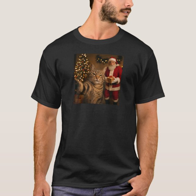 Funny Cat Selfie with Santa Claus Christmas Meme R T-Shirt (Front)