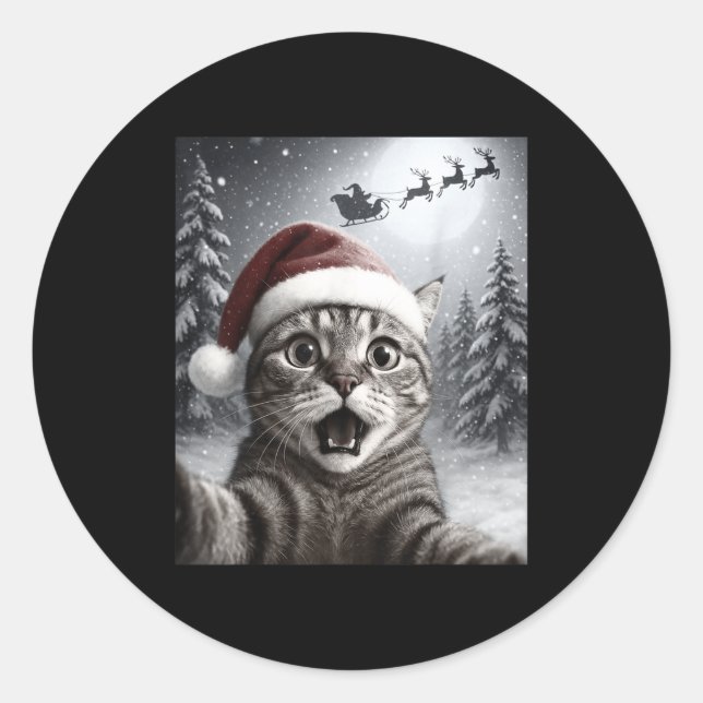Funny Cat Selfie With Santa Claus Christmas Men Wo Classic Round Sticker (Front)
