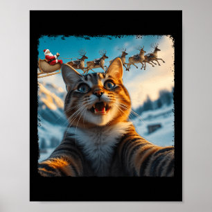 Funny Cat Selfie With Santa Sleigh Christmas Xmas  Poster