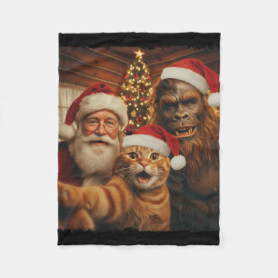 Funny Cat Selfie With Sasquatch And Santa Christma Fleece Blanket