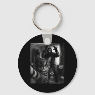 Funny Cat Selfie With Skeleton Scary Halloween Keychain