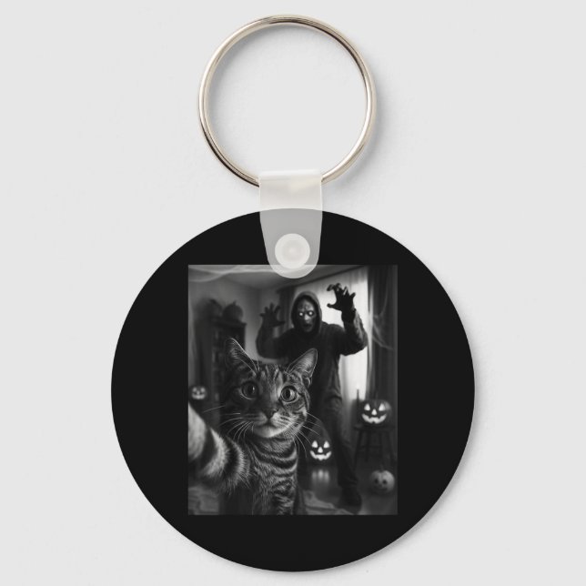 Funny Cat Selfie With Skeleton Scary Halloween Keychain (Front)