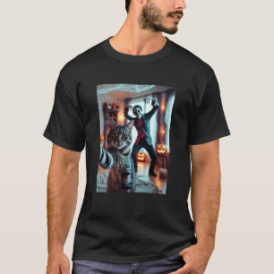 Funny Cat Selfie with Skeleton Scary Halloween Mem T-Shirt