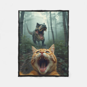 Funny Cat Selfie With T-rex Dinosaur  Fleece Blanket