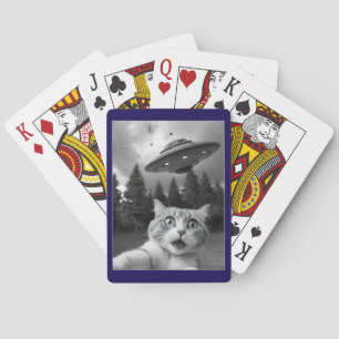 Funny Cat Selfie with UFO Alien Drones Playing Cards
