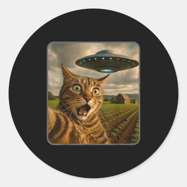 Funny Cat Selfie With Ufo Alien Meme  Classic Round Sticker (Front)