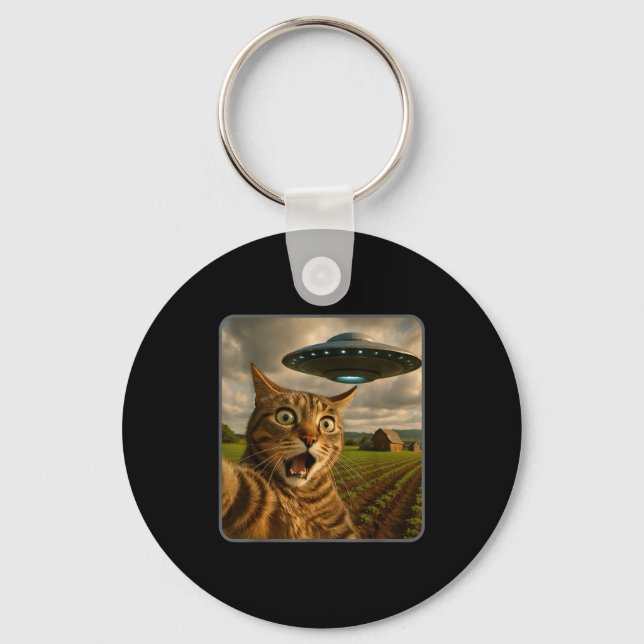Funny Cat Selfie With Ufo Alien Meme  Keychain (Front)