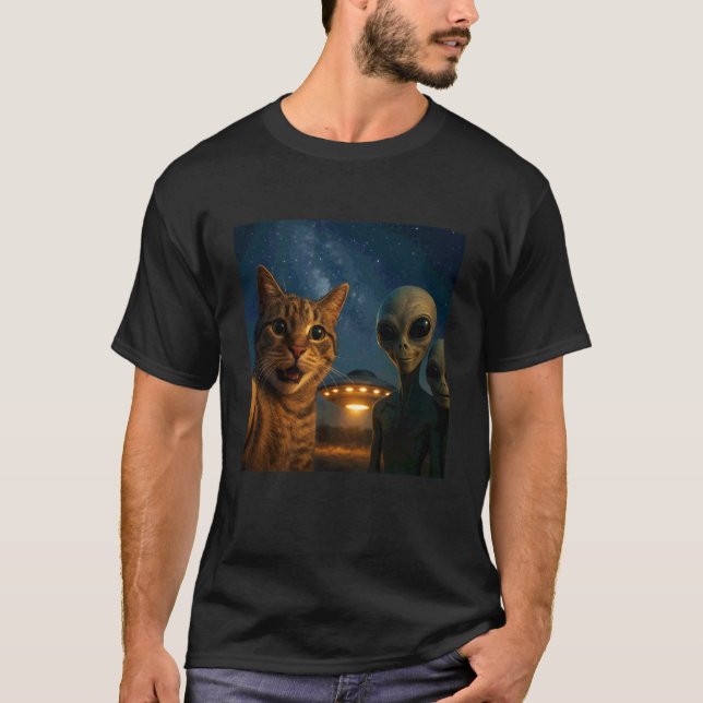 Funny Cat Selfie with UFO Alien Meme T-Shirt (Front)