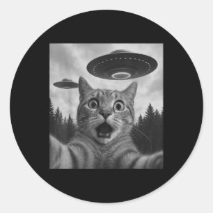 Funny Cat Selfie With Ufos  Classic Round Sticker