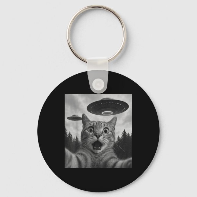 Funny Cat Selfie With Ufos  Keychain (Front)