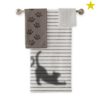 Funny Cat Shadows Gray Stripe Footprint Bath Towel Set
