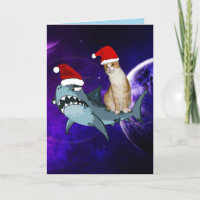 FUNNY CAT & SHARK IN SPACE CHRISTMAS CARDS