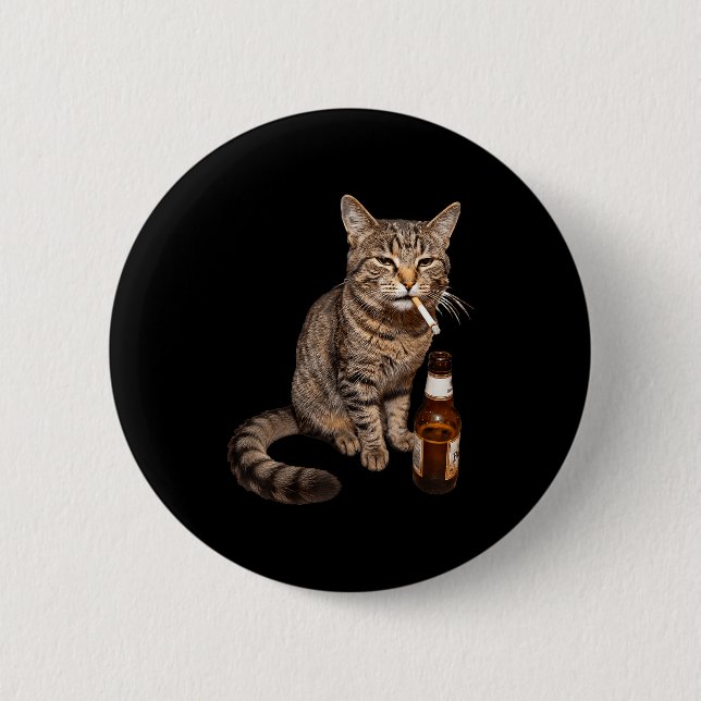Funny cat smoking drinking beer meme stupid 2 inch round button (Front)
