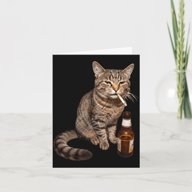 Funny cat smoking drinking beer meme stupid card (Front)