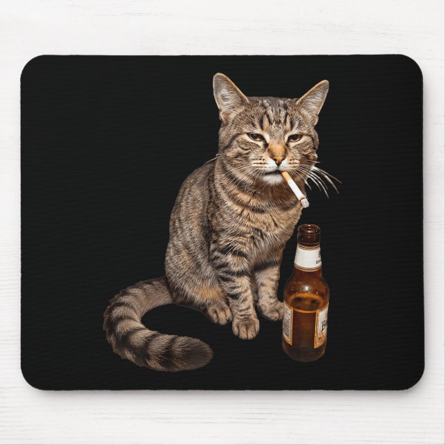 Funny cat smoking drinking beer meme stupid mouse pad (Front)