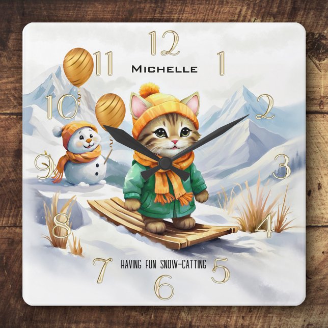 Funny Cat Snowboarding Winter Kids Square Wall Clock (Winter wall clock for children, featuring a funny painting of a cute kitty cat on a snowboard.)
