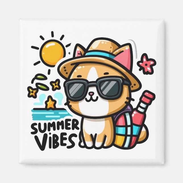 Funny Cat Summer Vibes Magnet (Front)
