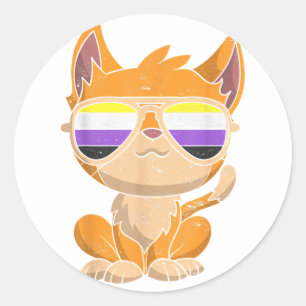 Funny Cat Sunglasses Non Binary Flag LGBT Pride No Classic Round Sticker