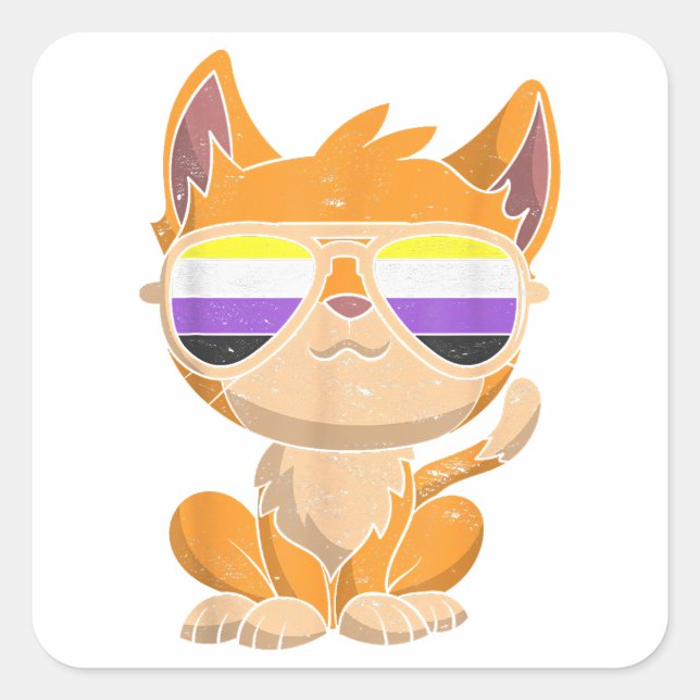 Funny Cat Sunglasses Non Binary Flag LGBT Pride No Square Sticker (Front)