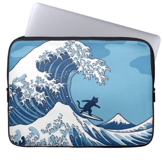 Funny Cat Surfing Great Wave Off Kanagawa - Japane Laptop Sleeve
