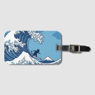Funny Cat Surfing Great Wave Off Kanagawa - Japane Luggage Tag