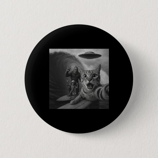 Funny Cat Surfing Selfie With Ufo Giant Wave Alien 2 Inch Round Button (Front)