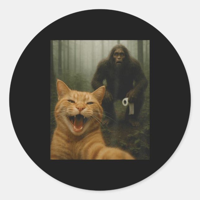 Funny Cat Surprised Happy Selfie With Bigfoot Sasq Classic Round Sticker (Front)