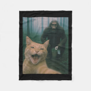 Funny Cat Surprised Happy Selfie With Bigfoot Sasq Fleece Blanket