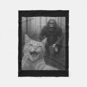 Funny Cat Surprised Happy Selfie With Bigfoot Sasq Fleece Blanket
