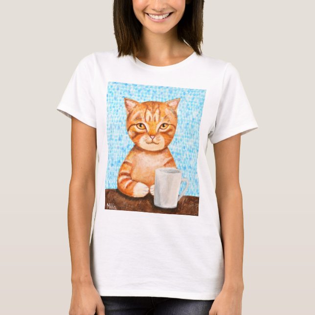 Funny Cat T-shirt Orange Tabby Cat Drinking Coffee (Front)