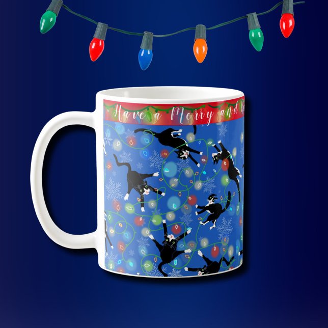 Funny Cat Tangled in Christmas Lights Personalized Coffee Mug (Funny Tuxedo cats tangle with the Christmas lights on this cute personalized holiday mug)