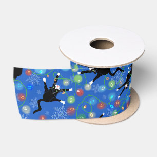Funny Cat Tangled in Christmas Lights Satin Ribbon