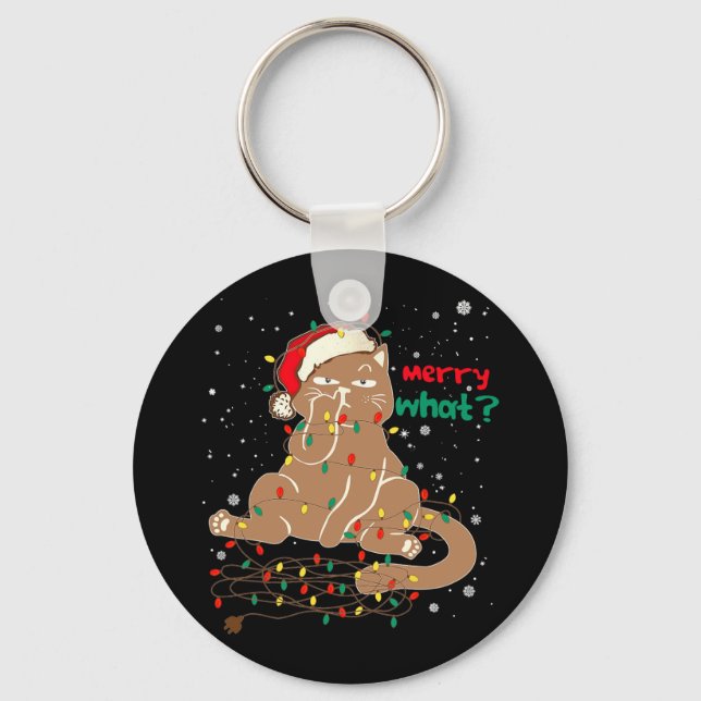 Funny Cat Tangled Up In Christmas Tree Lights Merr Keychain (Front)
