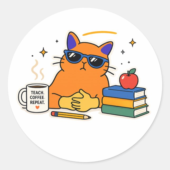 Funny Cat Teacher Classic Round Sticker (Front)