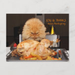 Funny Cat Thanksgiving postcard<br><div class="desc">Orange Persian cat called Garfi aka the world's angriest cat with roasted turkey</div>