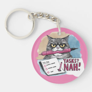 Funny Cat To-Do List Pink Keychain