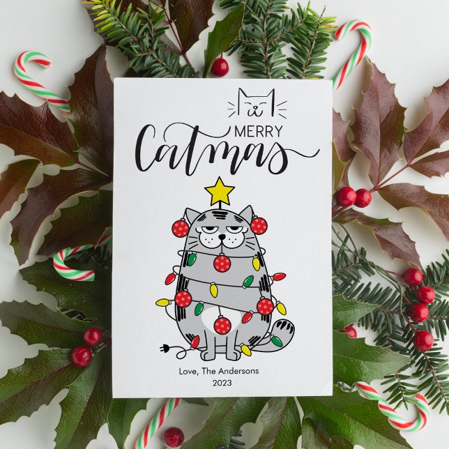 Funny Cat Tree Pet Lover Merry Catmas Flat Holiday Card (Creator Uploaded)