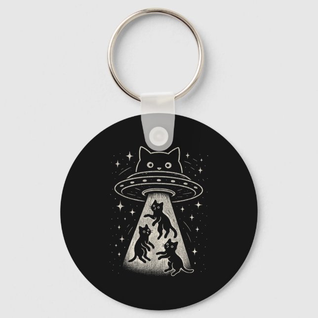 Funny Cat Ufo Cute Kitty Space Spaceship Alien Aes Keychain (Front)