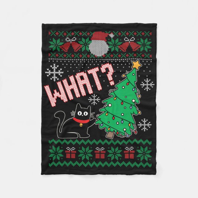 Funny Cat Ugly Christmas Sweater Feline Ugly Chris Fleece Blanket (Front)