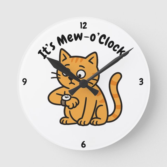 Funny Cat Wall Clock – "It’s Mew-o’Clock!" Design (Front)