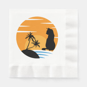 Funny Cat Watching Sunset scene - Black Cat Sunset Napkin