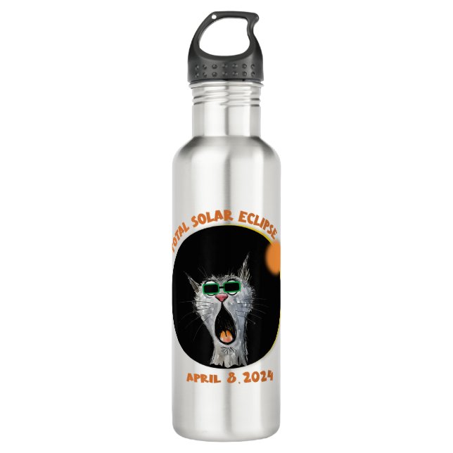 Funny Cat Watching Total Solar Eclipse 2024  710 Ml Water Bottle (Front)