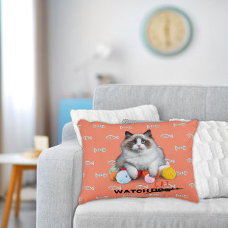 Funny cat watching yarn fish bones accent pillow