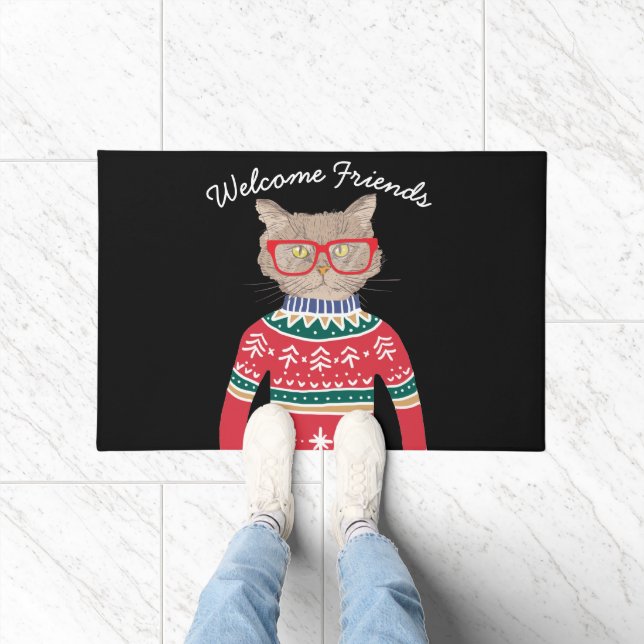 Funny Cat Wearing Glasses, Ugly Christmas Sweater Doormat (Indoor)