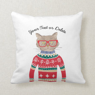 Funny Cat Wearing Glasses, Ugly Christmas Sweater Throw Pillow