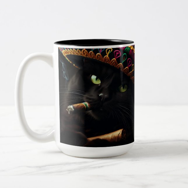 Funny Cat Wearing Sombrero  Two-Tone Coffee Mug (Left)