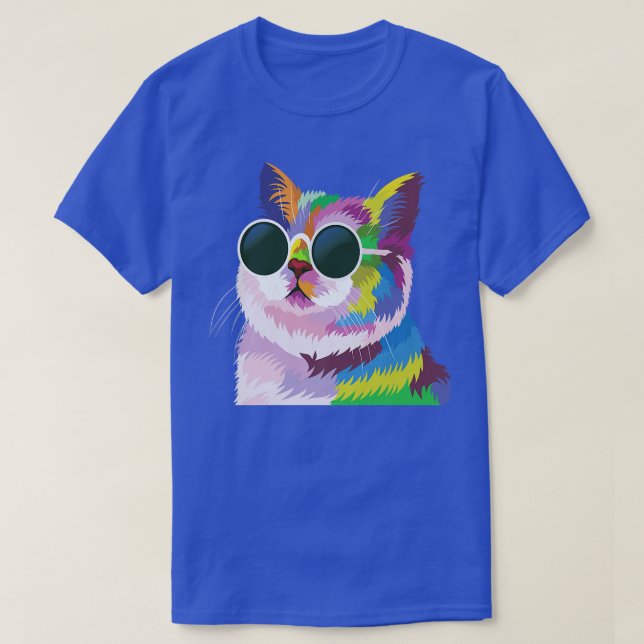 Funny Cat Wearing Sunglasses ,Colourful Rainbow Ca T-Shirt (Design Front)